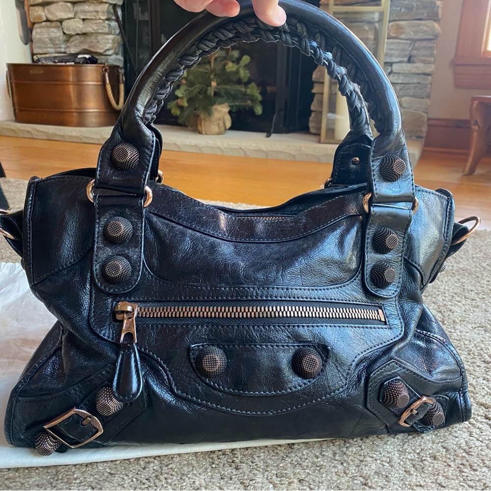 Balenciaga City Moto Bag w/rose gold hardware. Leather dyed black. No strap.
